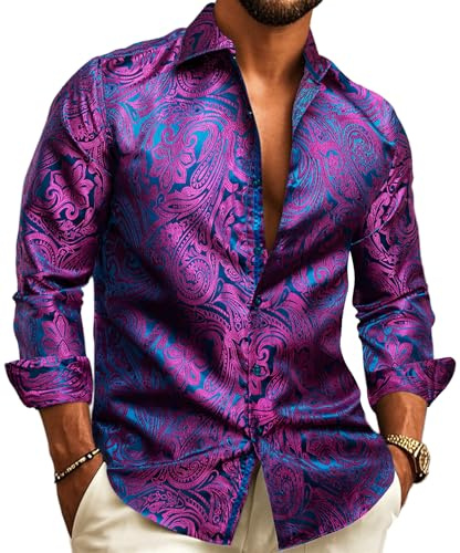 Barry.Wang Mens Dress Shirts Silk Luxury Paisley Big and Tall Long Sleeve Shirt Business Wedding Party Red Black S-3XL