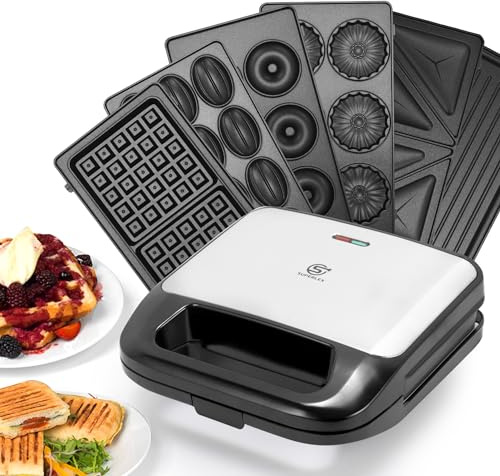 SUPERLEX Multifunktionaler Sandwichmaker 6-in-1 mit austauschbaren Platten | 750W Kontaktgrill mit herausnehmbaren Antihaftplatten, leichte Reinigung, Waffeleisen, Panini, Nussbäcker für 4 Sandwiches