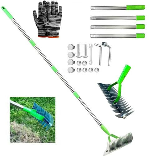 Vertikutierer Rechen mit Stiel 165cm, Schneidrechen Garten, Moosrechen, Vertikutierrechen, Verstellbarer Handvertikutierer, Bodenrechen zum Reinigen von Totem Gras, für Garten, Hof, Rasen
