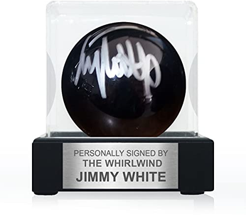 Exclusive Memorabilia Schwarzer Snookerball, signiert von Jimmy White. In Vitrine mit Plakette