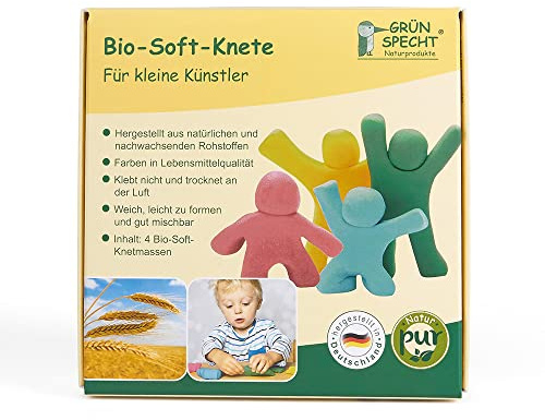 GRÜNSPECHT Bio-Soft-Knete, 4 Farben aus natürlichen Rohstoffen, Lebensmittelqualität, weich, mischbar, gelb, rot, grün, blau, Kinderknete, ungiftig (680-00)