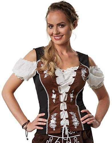dressforfun Trachtenbluse Kurzarm, Dirndl Bluse Damen mit Carmen Ausschnitt, Dirndlbluse Spitze, Lederoptik, Trachtenhemd Schnürung, Trachtenshirt Damen, weiß braun schwarz - Diverse Größen