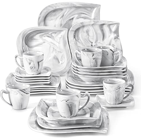 MALACASA Elvira Geschirrset 6 Personen Marmor 30-tlg, Modernes Porzellan Geschirr Set, Tafelservice Kombiservice mit je 6 Speiseteller, Dessertteller, Suppenteller, Kaffeetassen und Untertassen