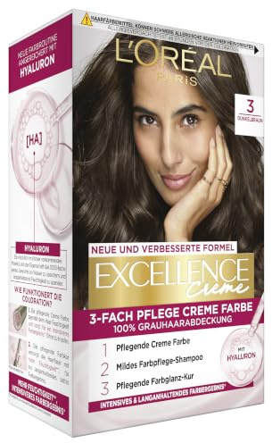 L'Oréal Paris Permanente Haarfarbe, 100% Grauhaarabdeckung, Haarfärbeset mit Coloration, Shampoo und 3-Fach Pflege Creme Farbe, Excellence Creme, 3 Dunkelbraun, 3 x 268 g