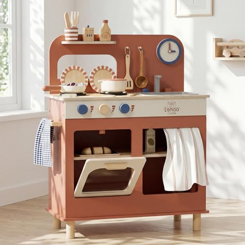 Lehoo Castle Kinderküche Holz, Spielküche mit Spielzeugtöpfen, Pfannen | Kinder Küche mit Kochset, Puppenküche, Spielzeug ab 3 Jahre Mädchen Jungen
