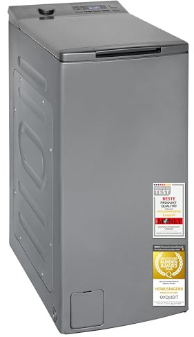 Exquisit Waschmaschine 7,5kg LTO51207-030A Toplader Waschmaschine Schmal | Energieklasse A, 1200 U/Min, platzsparende Bauweise, Kurzprogramm, Startzeitvorwahl, einfache Bedienung, Farbe Silber