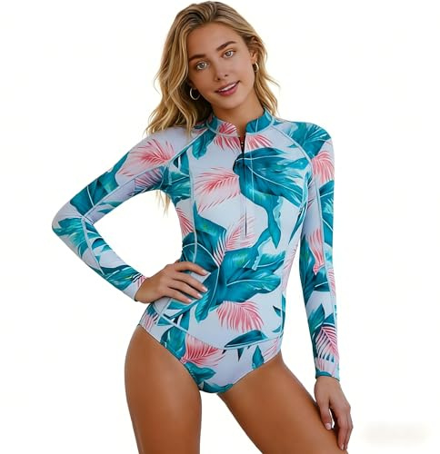 Beachkini Moderner Atmungsaktiver Damen-Badeanzug mit Langarm,Bedruckte Badeanzüge,Für Surf und Schwimmen,Blau,S