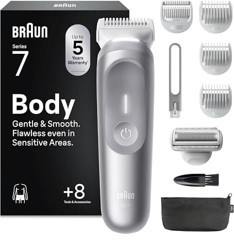 Braun Bodygroomer Series 7, Kabelloser Körperrasierer Herren, BG7555, Grau | Trimmer für Intimbereich Und Körper, Körperhaartrimmer mit 100 Min. Akku, Wasserdicht, Inkl. 8 Zubehörteile Und Etui
