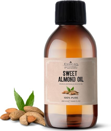 Essican Purelife Süßmandelöl, 250ml, Kaltgepresstes Mandelöl für die Haare, Trägeröl für ätherische Öle, ideal für Massage, Feuchtigkeitspflege für Haut, Ohren, Körper, ohne Tierversuche, Massageöl
