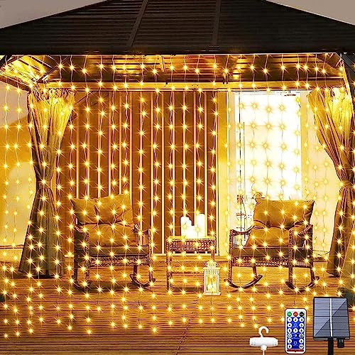 Dekofun Solar Lichtervorhang Outdoor & Aussen, 3M x 3M 300 LED | mit Fernbedienung, 8 Modi & Timer, Wasserdicht Lichterketten Vorhang für Wand, Balkon, Hochzeit, Pavillon, Terrasse, Garten
