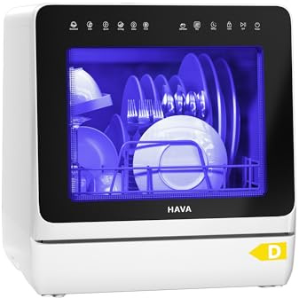 HAVA NEUE Tischgeschirrspüler mit Wasserenthärter und erhöhter Energieeffizienz, Spülmaschine mit 8 Programmen, Kindersicherung & verzögerter Start, keine Installation erforderlich