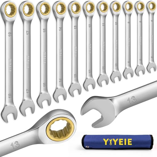 11TLG Ratschenschlüssel Set 6-19 mm, 72-Zähne-Gold-Ringmaulschlüssel Set, Cr-V-Stahl mit Rolltasche, für Fahrräder, Autos, Heimwerkerarbeiten, Metrisch Größe 6, 8, 9, 10, 11, 12, 13, 14, 15, 17, 19mm