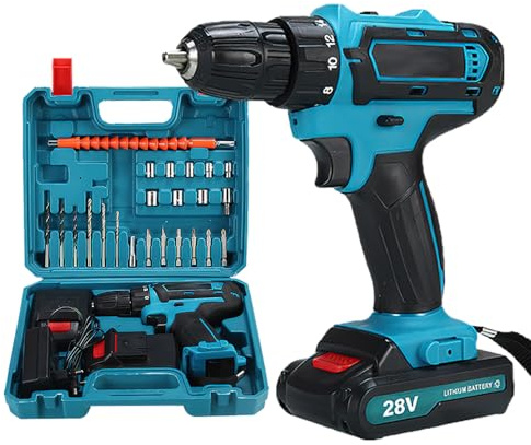 Akku-Bohrschrauber 28 V, elektrische Bohrmaschine, kabellos, mit 2 Akkus + 24 Zubehörteilen, 25 + 3 Drehmomenteinstellungen, LED-Lampen, Bohrmaschine für Heimwerker (28V)