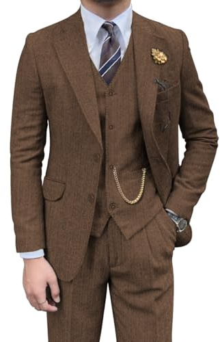 Retro-Herrenanzug, 3-teilig, Tweed, Fischgrätenmuster, schmale Passform, Anzüge für Bräutigam, Smoking-Set, Balljacke, Blazer, Weste, Hose für Herren, Braun, L
