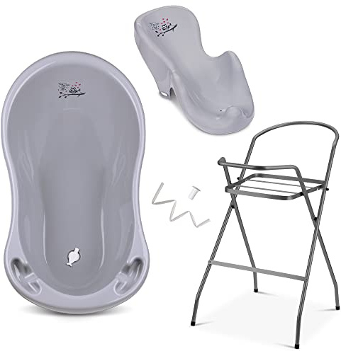 Baby Badewanne mit Gestell 4 Set TÜV Rheinland zertifiziert! Babybadewannen + Baby Badewannensitz +Abfluss + Gestell - Babywanne mit Ständer! Baby Pflegeset für Neugeborene.