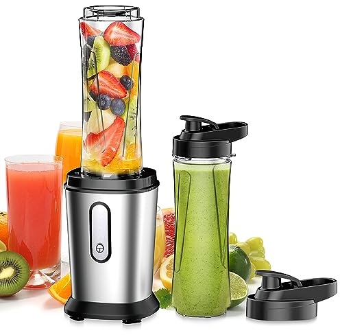 Mixer, 500W Mini Standmixer & Smoothie Maker mit 2x600ml Flaschen BPA frei Tritan, Tragbarer Mixer Smoothie Maker aus Edelstahl 4-Blatt für Shake, Smoothie, Silber