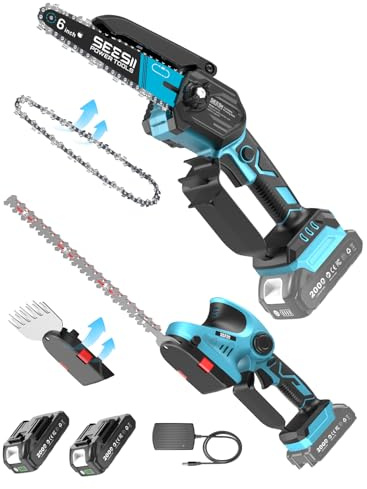 SEESII 3-in-1 Akku Kettensäge, Heckenschere & Grasschere Set | Mini-Kettensäge mit 2×2000mAh Akkus, Leichtes Gartengeräte-Set für Baumschnitt, Sträucher- und Rasentrimmen