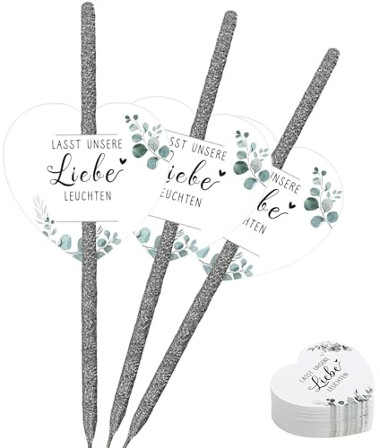 150 Stück Wunderkerzen Hochzeit Etiketten, Gastgeschenke Hochzeit mit Lasst Unsere Liebe Leuchten Motiv, Doppelt Gelochte Kärtchen für Wunderkerzen und Knicklichter (Eukalyptus)