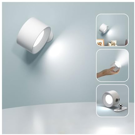 Feallive LED Wandleuchte Innen, Wandlampe mit Akku 1 Stück,Touch Control 3 Helligkeitsstufen, 360° drehbare, für Wohnzimmer Schlafzimmer TreppenhausFlur kabellose wandleuchten Weiß