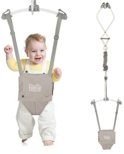 FUNLIO BabyTürhopser für 6–24 Monate (mit Türklemme), Baby-Türwippe mit starker Feder/verstellbarem Riemen, einfach zu montieren und zu lagern, Tragfähigkeit 18 kg – Grau