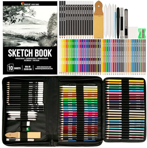 Zenacolor 74-teiliges professionelles Zeichenstifte Set, Federmappe mit 24 Wasserfarb-Malstiften, 12 Buntstifte, 12 metallische Malstifte, 12 Bleistifte und Zubehör - 1 Skizzenbuch