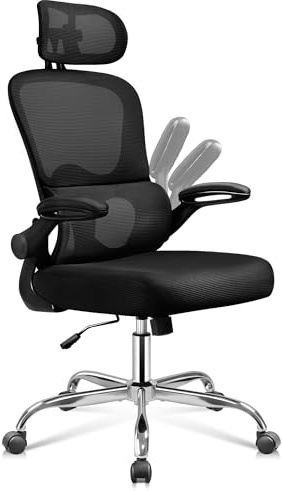 DEVAISE Bürostuhl Ergonomisch, Schreibtischstuhl mit Lendenwirbelstütze, 3D-Kopfstütze, 90° Klappbaren Armlehnen und Atmungsaktivem Netzrücken, Wippfunktion für Büro & Homeoffice, bis 150kg, Schwarz