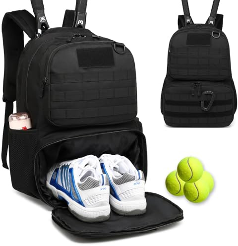 Tennistasche für Herren & Damen taktischer Tennisrucksack mit Schuhfach | Sportrucksack mit Schlägerschutz, Molle System, Haken zu hängen