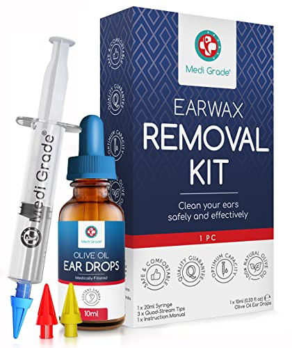Medi Grade Ohrenschmalz Entferner mit Olivenöl Spray und Reinigungsspitzen | Sanfter Ohrenreiniger mit Olivenöl und 3 Quad-Stream Spitzen zur Ohrreinigung zuhause, Hilft, Ohrenschmalz zu entfernen