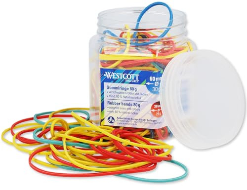 Westcott Gummibänder 80g | Ca. 170 Bunte Gummiringe verschiedene Größen in praktischem Kunstoffbehälter | Vorratspack Haushaltsgummis ⌀ 60mm, 50mm & 38mm | Mind. 60% Naturkautschuk | E-10581 00