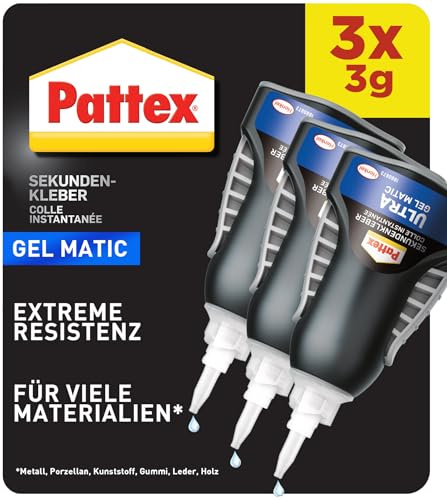 Pattex Sekundenkleber Ultra Gel Control, ultra stark, 3er-Pack x 3g | Feine Dosierspitze für präzises Auftragen, Anti-Verstopfungs-Kappe, schlagfest, wasserresistent, lösemittelfrei