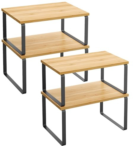 SONGMICS Gewürzregal, 4er Set, Küchenregal, Küchen-Organizer, erweiterbar, Gewürzhalter, stapelbar, mit Metallrahmen, 19,5 x 29,7 x 15,8 cm, tintenschwarz-naturbeige KCS10NB