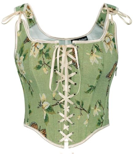 SCARLET DARKNESS Damen Renaissance Korsett Top Blumen Mittelalter Oberteil | Knochen | Linker Reißverschluss | Schleifenbänder | Trachtenmieder | Viktorianisch | Vintage | Halloween | Karneval | Corsage