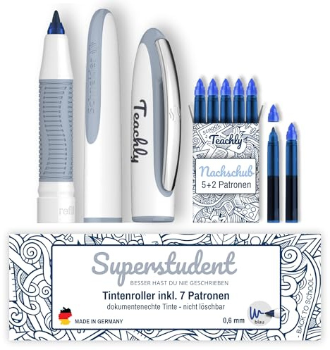 Teachly Superstudent Tintenroller - Nachfüllbarer Stift für Uni, Schule & Büro (Anthrazit) - Inkl. 7 Tintenpatronen (Blau)