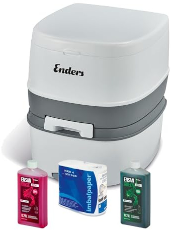 Enders Campingtoilette Supreme Green Set, komfortable Höhe, Transportrolle & Klopapierhalter, inkl. Green Abwasser + Rinse + 4 Rol. WC-Papier, Chemietoilette, Camping WC & mobile Toilette für Camping