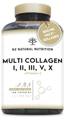Multi Kollagen Kapseln Hochdosiert 1650mg mit Vitamin C. Hydrolysierte Collagen Peptide Typ I, II, III, V, X. 180 Kapseln. Für Haut, Haare, Knochen & Gelenke. N2 Natural Nutrition