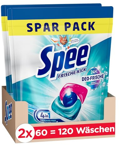 Spee Power Caps Fresh Kick 120 Deodorant (2 x 60 Washes), 4+1 Formula for 24 Hours Freshness, Temperature Range 20°-95°C