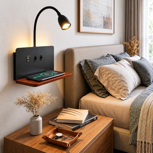 Schwarz LED Wandlampe innen mit 15W Wireless Charger, USB-A&USB-C Anschluss | 3 Farbtemperaturen LED Leselampe mit Flexibler 360° Schwanenhals, Wandleuchte Schlafzimmer mit Ablage, Stecker 1,5m Kabel