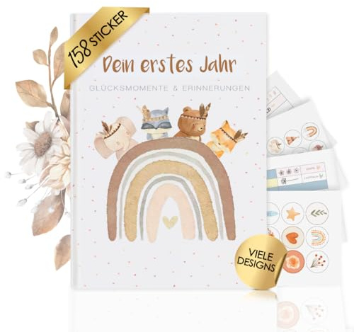 Cozy Racoon Babyalbum Dein erstes LebensJahr mit 158 Stickern. Baby Album zum Selbstgestalten und Ausfüllen für die schönsten Momente. Geschenk zur Geburt für Jungen und Mädchen | Boho Tiere