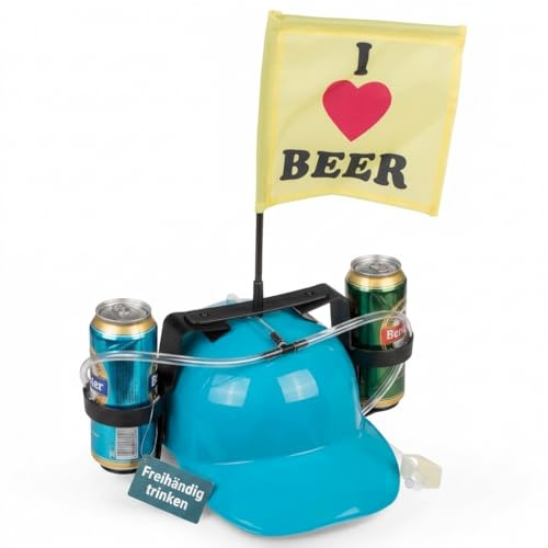 MIJOMA Trinkhelm – Freihändiges Trinken mit Spaßfaktor – Getränkehelm für Party, Festival & Karneval – Verstellbare Halterung für Dosen & Flaschen – Lustiges Party-Gadget (Türkis mit Beer-Fahne)