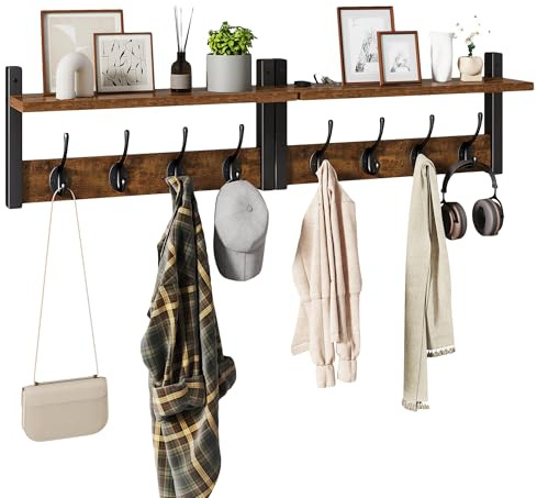 YMYNY Wandgarderoben mit Ablage, 2er Set Wandregal in einem Paket, Garderobenhaken mit 8 Doppelhaken, 80cm für Hüte, Kleidung, Dekoration im Eingang, Flur, Küche, Schlafzimmer, Braun HWS001H-2
