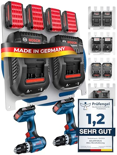 Adlerfokus Wandhalterung für Bosch Professional Akkus & Ladegeräte | [MADE IN GERMANY] Akkuhalter mit Premium Montagematerial - Ladegerät - 33 x 32cm Akku Wandhalterung für Ordnung & System