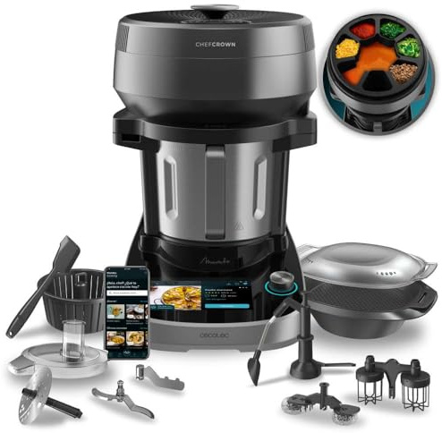 Cecotec Küchenroboter Mambo CooKing Unique. 2200 W, 45 Funktionen | mit Lebensmittelspender, Tausende von geführten Rezepten, 5L Unique Krug, Zubehör: Dampfgarer oder Schöpflöffel für Eintöpfe