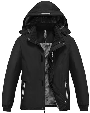 MoFiz Winterjacke Jungen Skijacke Warm Innenfutter Kinder Wasserdichte Winddichte Parka Outdoor Softshelljacken mit Abnehmbare Kapuze Schwarz XL (DE164-176)
