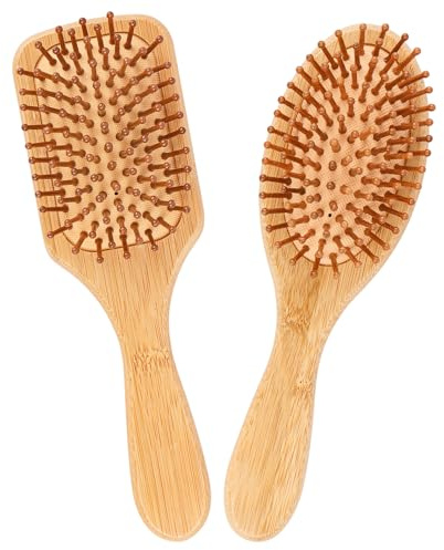 AKONE Haarbürste Bambus 2 Stück, Naturhaarbürste Holz, Haarbürsten mit Rundem Kopf und Bambuszähnen, Haarkamm mit Luftpolster Keine Haarschäden, Tragbare Haar Massagebürste Rund und Quadrat