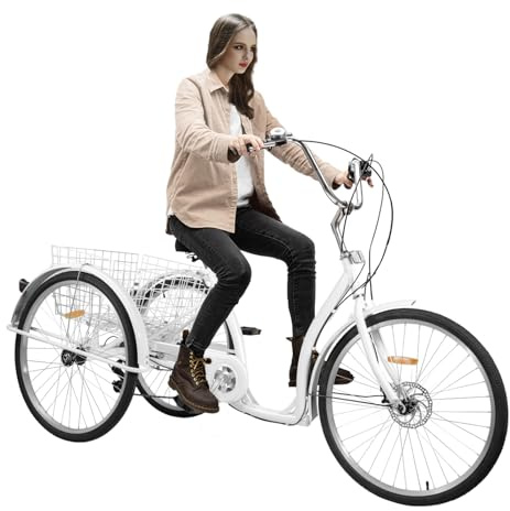 26 Zoll 6-Gang Erwachsene Dreirad mit Einkaufskorb, 120kg Tragfähigkeit für Städte Radwege, 3 Räder Fahrrad Erwachsene Outdoor-Aktivitäten Tricycle Dreirädriges Fahrrad Senioren Städtisches, Weißes