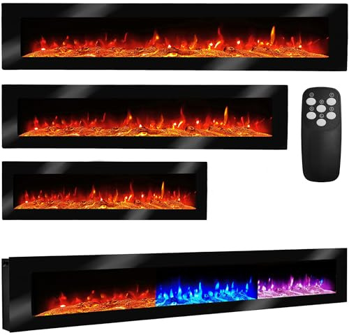 Elektrokamin Wandkamin Ben 250cm mit LED Flammensimulation - Farbwechsel - inkl. Fernbedienung, Timer & Dimmer Max.1800 Watt - Elektrischer Kamin Heizung Heizlüfter Glasfront