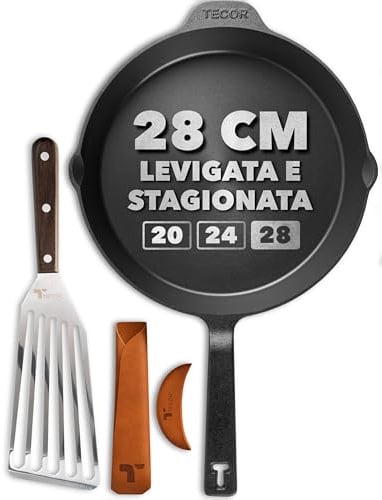 TECOR Gusseisenpfanne Induktion 28 cm geschliffen, universell, natürlich - Langlebige Pfanne Gusseisen induktion - Antihaft Gusspfanne induktion 28 cm einfach top Qualität - Cast iron pan induction