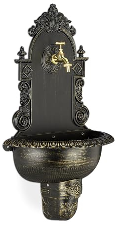 Relaxdays XL Wandbrunnen antik, mit Wasserhahn, nostalgisch, Waschbecken Garten, Aluguss, HBT 75 x 44 x 22 cm, schwarz