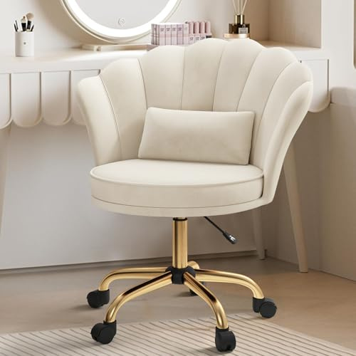 Aivermeil Homeoffice Stuhl,Schminkstuhl,SamtStuhl mit Kopfkissen Blütenblatt-Rückenlehne 360° drehbar Höhenverstellbar Bürostuhl ergonomisch für Arbeitszimmer Schlafzimmer,bis 120kg belastbar Beige