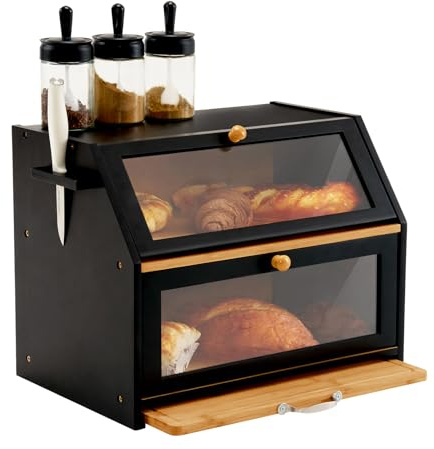 YOUDENOVA Brotkasten Bambus Eco Brotbox Brotkorb mit Schneidebrett Aufbewahrungsbox Küche Brotaufbewahrung Brotbehälter Visualisiert für Brot, Röstbrot, Schwarz, 39x26x32.5(LxBxH) cm